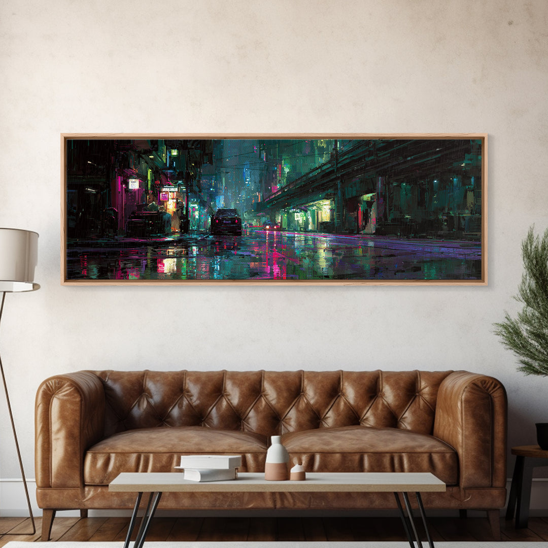 Rain Soaked Alley Framed Canvas Print, Cyberpunk Art, Poster, Living Room Decor, Fine Art, Neon, Modern Wall Art, Japanese Art, CYB-3x1-72