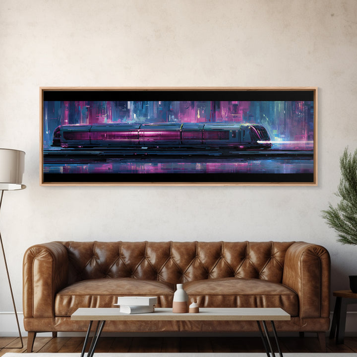 City Train Rushing Through Pink Electric Haze Framed Canvas Print, Cyberpunk Art, Minimalist Poster, Living Room Decor, Neon, CYB-3x1-77