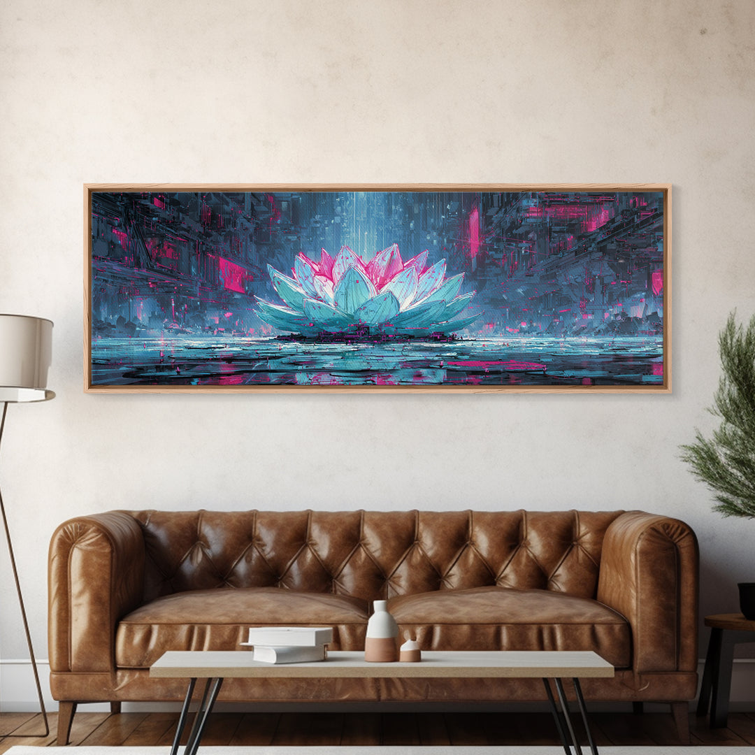 Electric Lotus Flower Framed Canvas Print, Cyberpunk Art, Cyberpunk Tarot, Living Room Decor, Watercolor Art, Neon, CYB-3x1-81