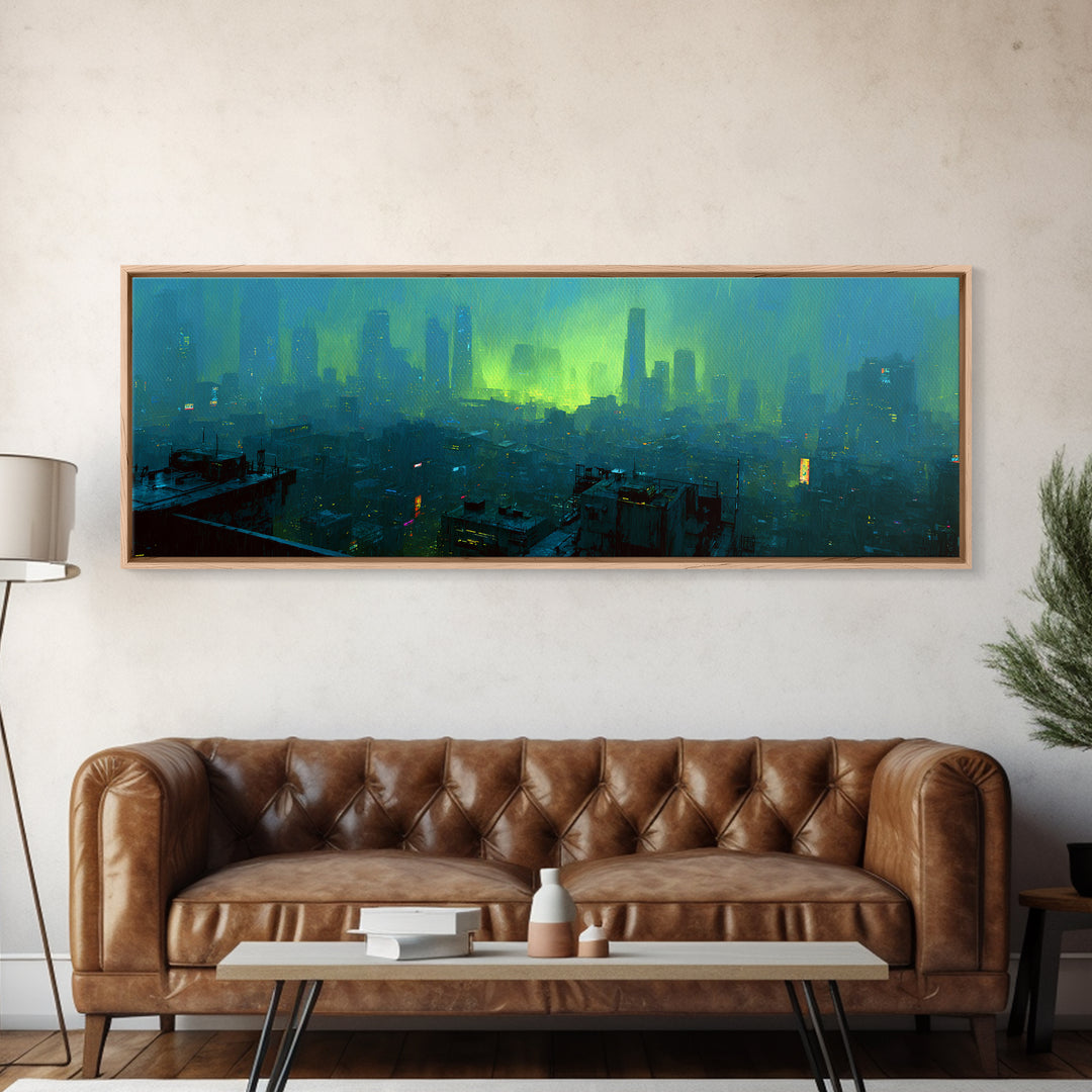 Dystopian Moon over Dense Rooftops Framed Canvas Print, Cyberpunk Art, Blue Wall Art, Living Room Decor, Fine Art, Neon, CYB-3x1-82