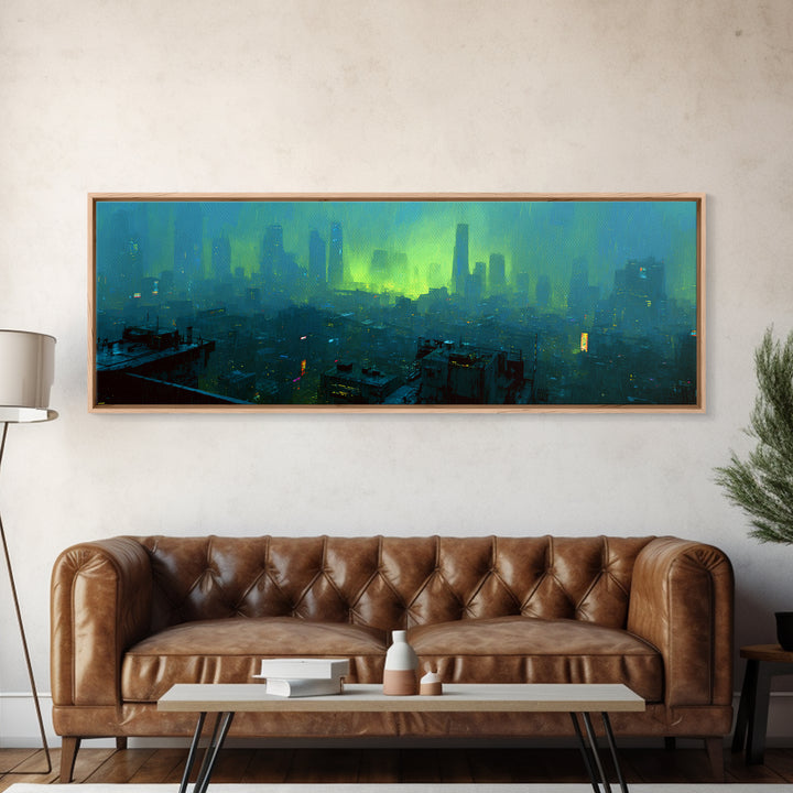 Dystopian Moon over Dense Rooftops Framed Canvas Print, Cyberpunk Art, Blue Wall Art, Living Room Decor, Fine Art, Neon, CYB-3x1-82