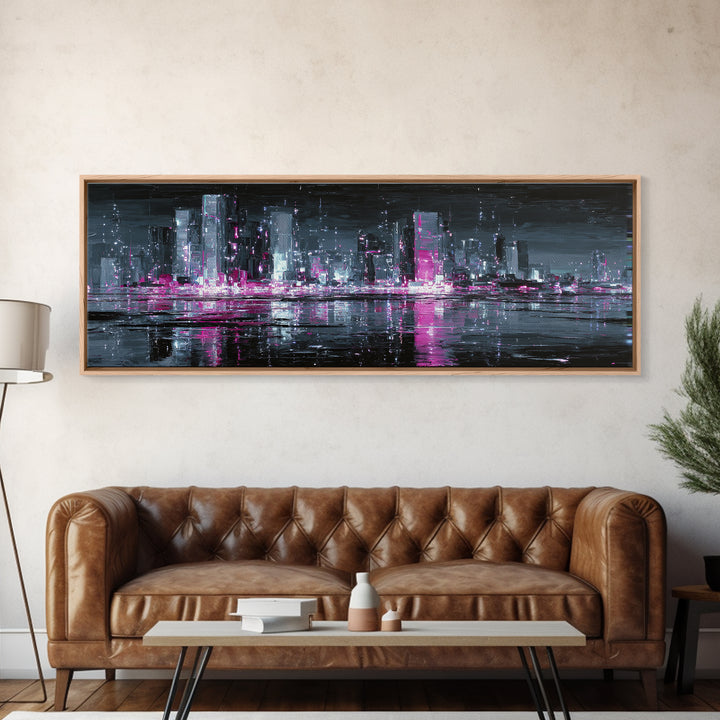 Neon Skyline Reflected Canvas Print, Cyberpunk Art, Japanese Art, Living Room Decor, Abstract Art, Neon, Cyberpunk Tarot, CYB-3x1-86