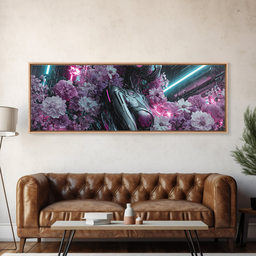 Android Woman with Glowing Circuitry and Flowers Canvas Print, Cyberpunk Art, Digital Art, Living Room Decor, Fine Art, Neon, CYB-3x1-91