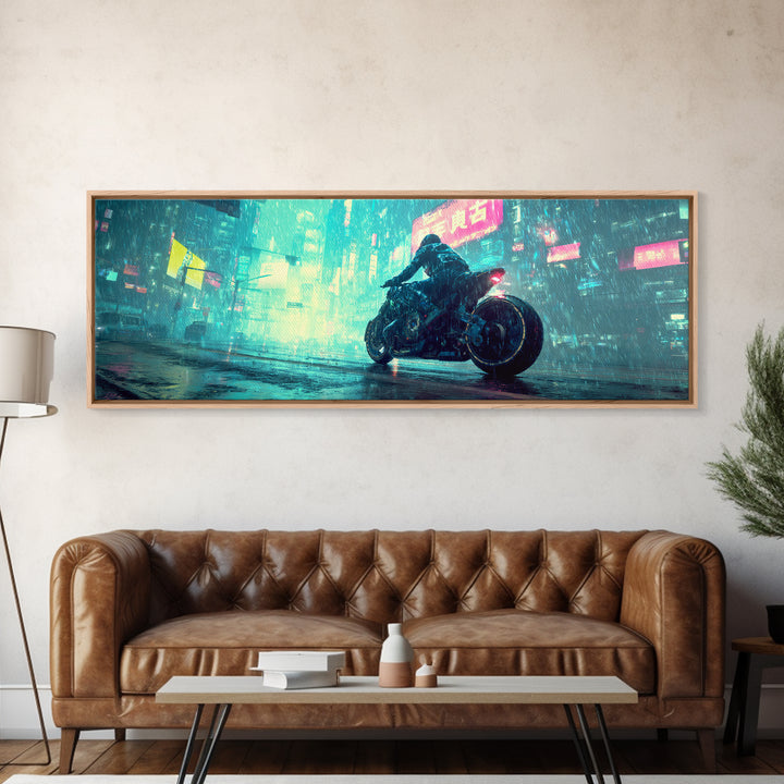Motorcycle Rider under Holographic Signs Canvas Print, Cyberpunk Art, Printable Wall Art, Living Room Decor, Fine Art, Neon, CYB-3x1-92