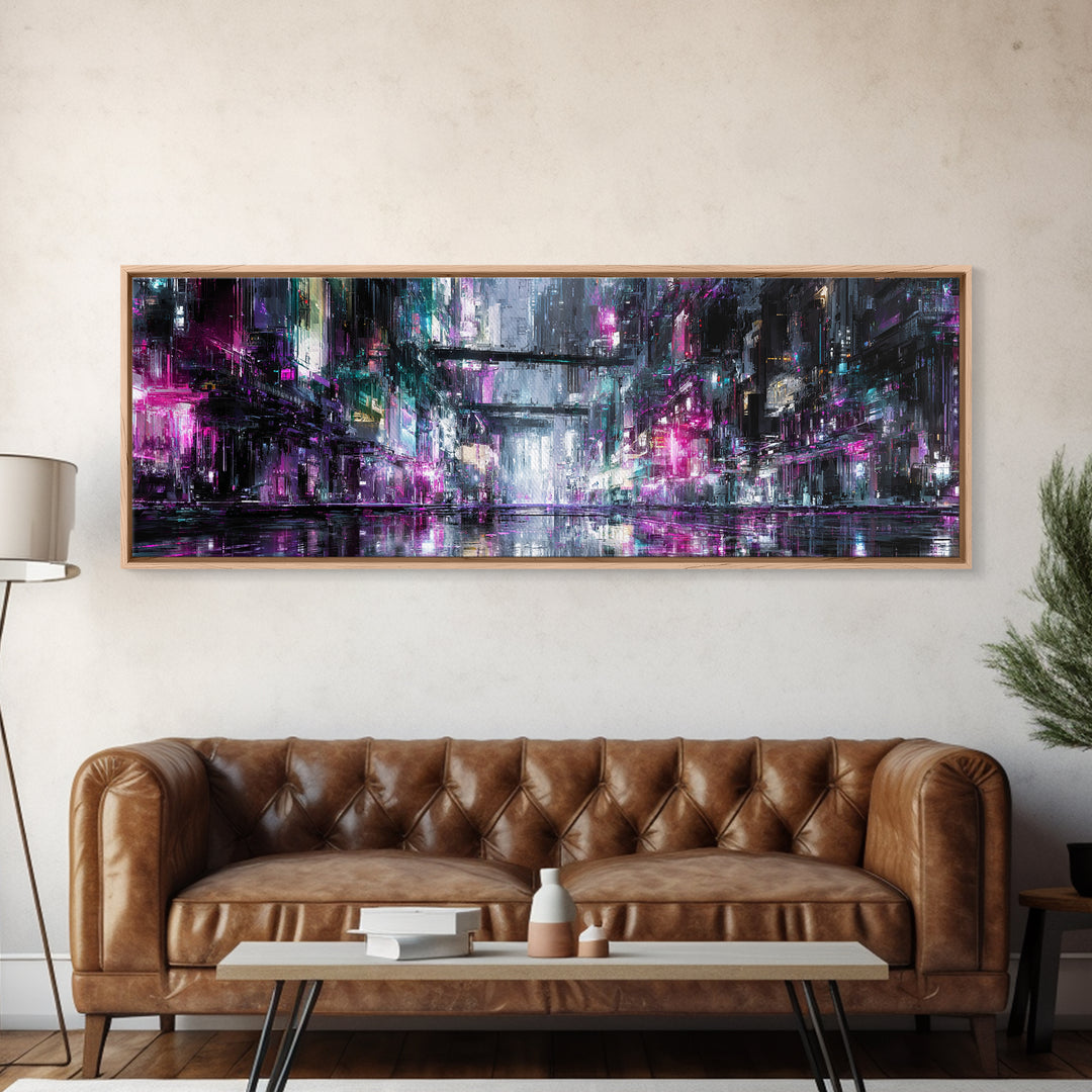Rain Soaked Alley Canvas Print, Cyberpunk Art, Textured Painting, Living Room Decor, Abstract Art, Neon, Digital Wall Art, CYB-3x1-96