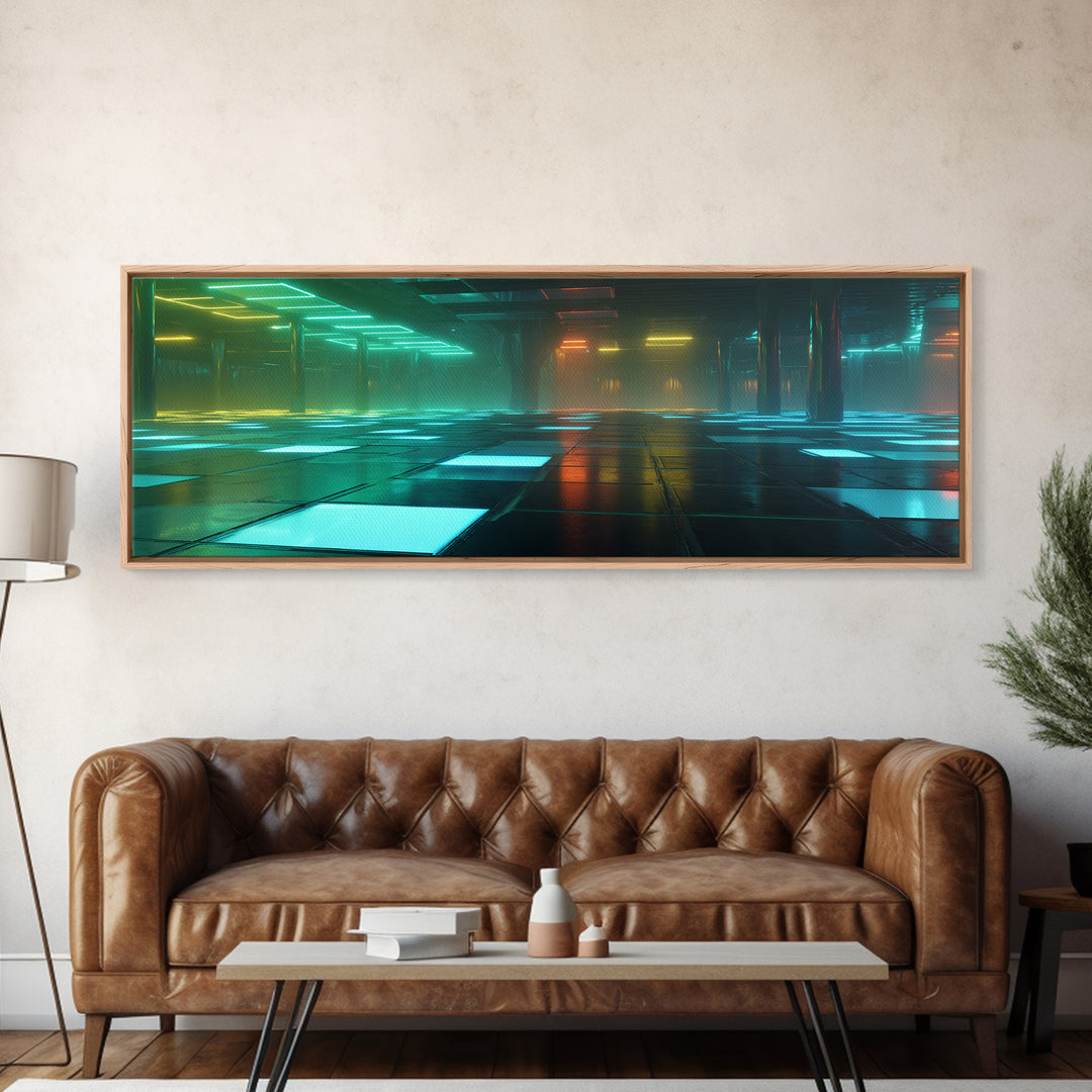 Retro Arcade Dystopia Canvas Print, Cyberpunk Art, Minimalist Poster, Living Room Decor, Fine Art, Neon, Textured Painting, CYB-3x1-98