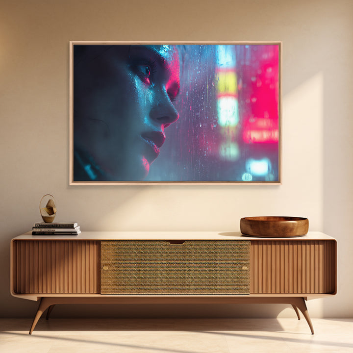 Ai Mask Portrait Framed Canvas Print, Cyberpunk Art, Wall Art, Living Room Decor, Oil Painting, Neon, Abstract Art, CYB-3x2-100