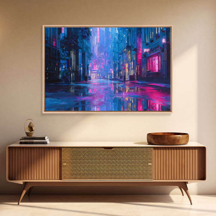 Rain Soaked Alley Canvas Print, Cyberpunk Art, Digital Art Print, Living Room Decor, Fine Art, Neon, Statement Artwork, CYB-3x2-12