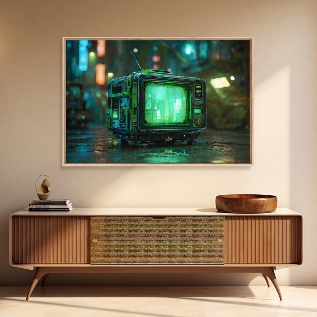 Retro Arcade Dystopia Framed Canvas Print, Cyberpunk Art, Abstract Art, Living Room Decor, Fine Art, Neon, Urban Wall Art, CYB-3x2-14