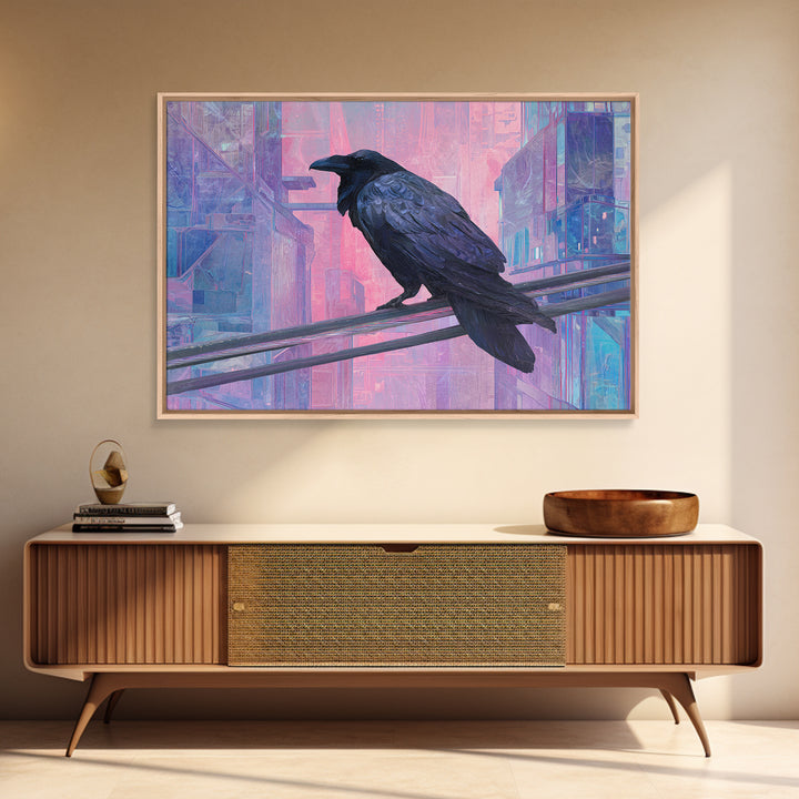 Cybernetic Raven Perched on a Cable Framed Canvas Print, Cyberpunk Art, Digital Download Art, Living Room Decor, Fine Art, Neon, CYB-3x2-15