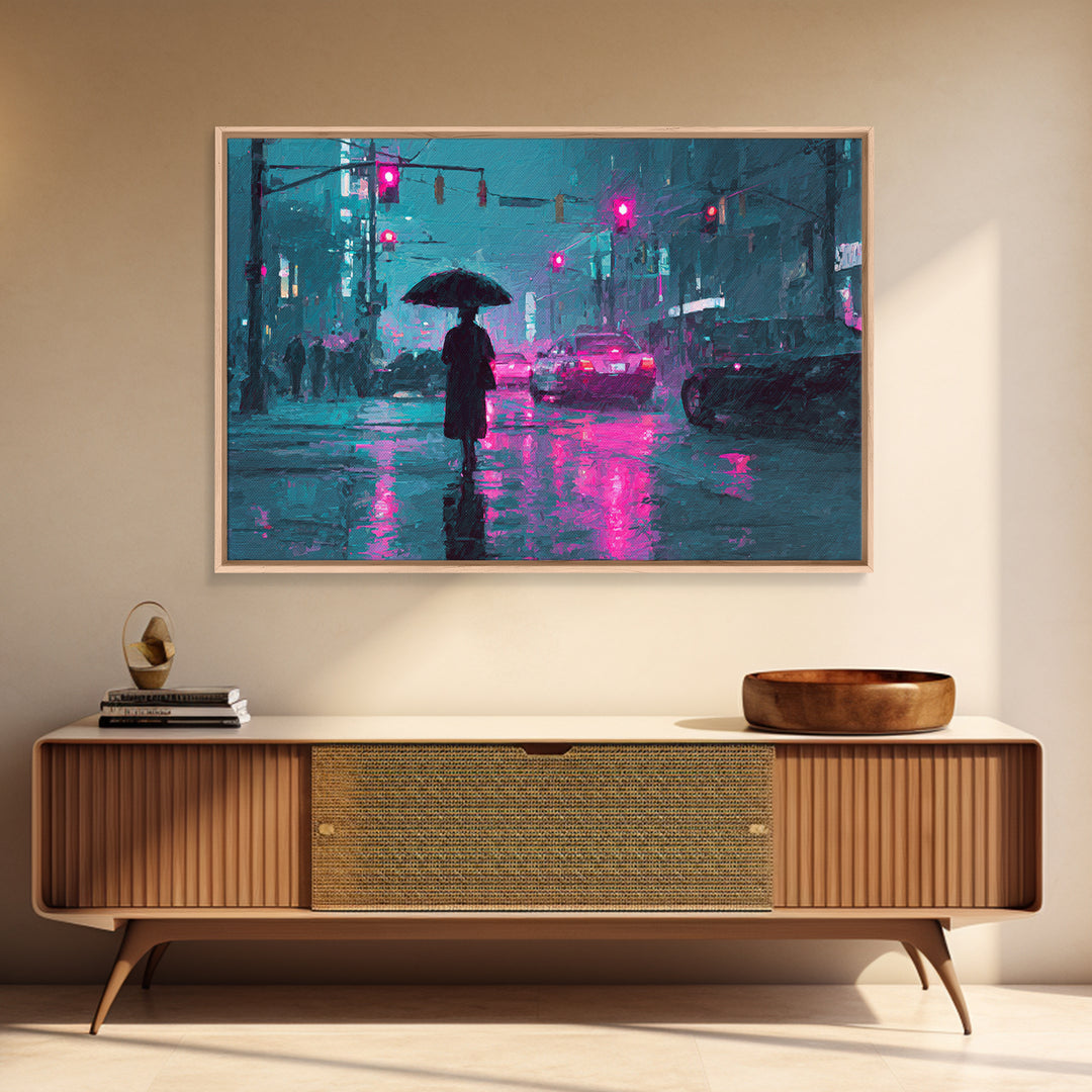 Glowing Umbrella Figure Framed Canvas Print, Cyberpunk Art, Statement Artwork, Living Room Decor, Fine Art, Neon, Art Print, CYB-3x2-19