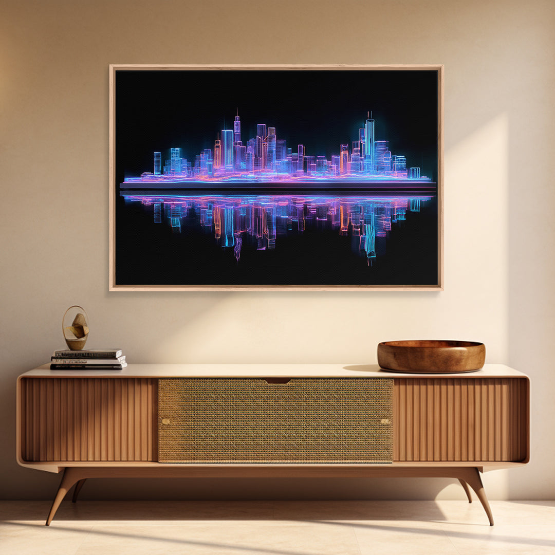 Neon Skyline Reflected Framed Canvas Print, Cyberpunk Art, Gothic Decor, Living Room Decor, Abstract Art, Neon, CYB-3x2-2