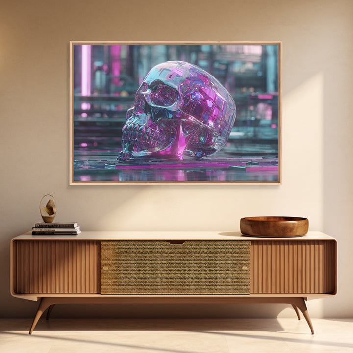 Cyberpunk Skull with Chrome and Violet Light Framed Canvas Print, Cyberpunk Art, Urban Wall Art, Living Room Decor, Neon, CYB-3x2-24