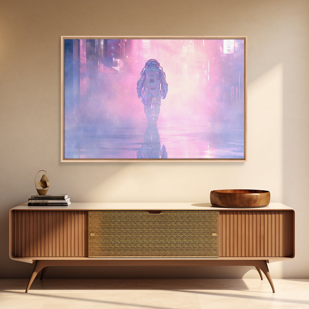 Astronaut Street Wanderer Framed Canvas Print, Cyberpunk Art, Gallery Decor, Living Room Decor, Fine Art, Neon, Wall Art, CYB-3x2-27