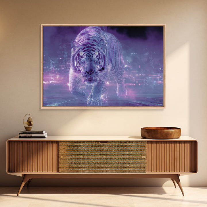 Neon Tiger Emerging from Digital Fog Canvas Print, Cyberpunk Art, Fantasy Art, Living Room Decor, Oil Painting, Neon, CYB-3x2-37