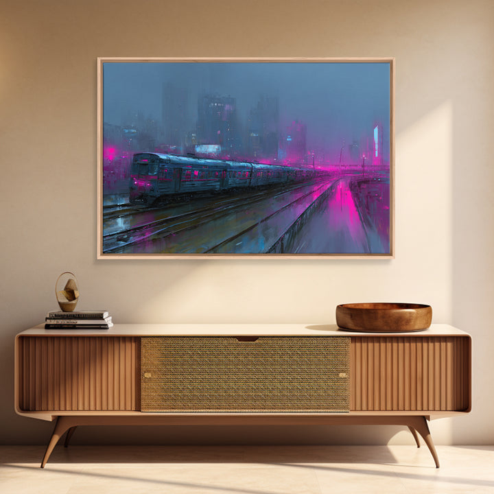 City Train Rushing Through Pink Electric Haze Canvas Print, Cyberpunk Art, Modern Wall Decor, Living Room Decor, Neon, CYB-3x2-41