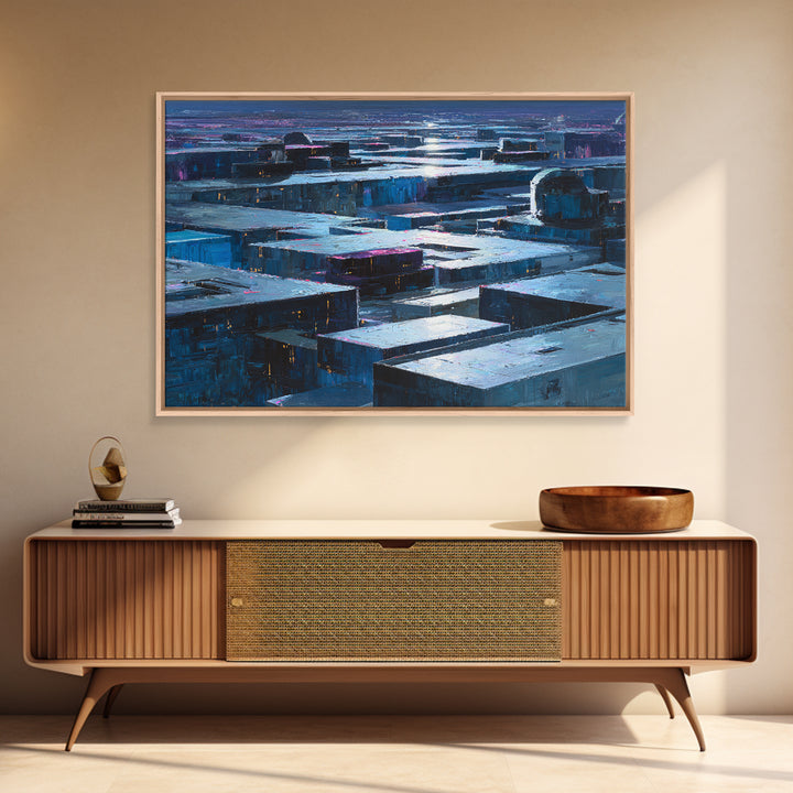 Dystopian Moon over Dense Rooftops Framed Canvas Print, Cyberpunk Art, Cyberpunk Decor, Living Room Decor, Fine Art, Neon, CYB-3x2-46