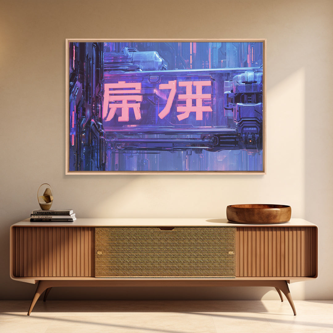 Glowing Kanji Shapes Canvas Print, Cyberpunk Art, Neutral Decor, Living Room Decor, Fine Art, Neon, Home Decor, Poster, CYB-3x2-49