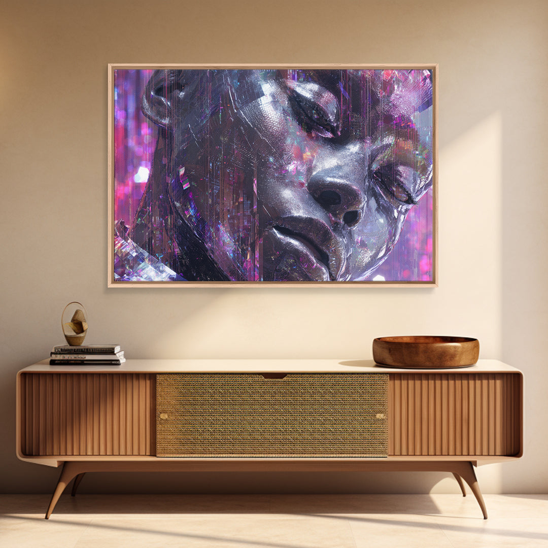 Ai Mask Portrait Canvas Print, Cyberpunk Art, Cyberpunk Helmet, Living Room Decor, Fine Art, Neon, Textured Painting, CYB-3x2-52