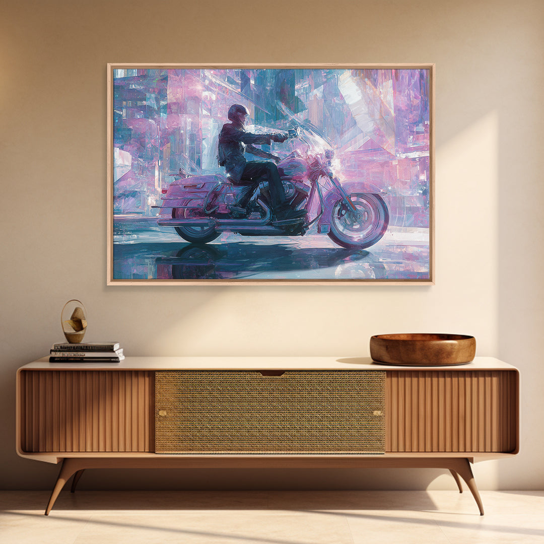 Motorcycle Rider under Holographic Signs Canvas Print, Cyberpunk Art, Room Decor, Living Room Decor, Neon 556, Cyberpunk, CYB-3x2-56