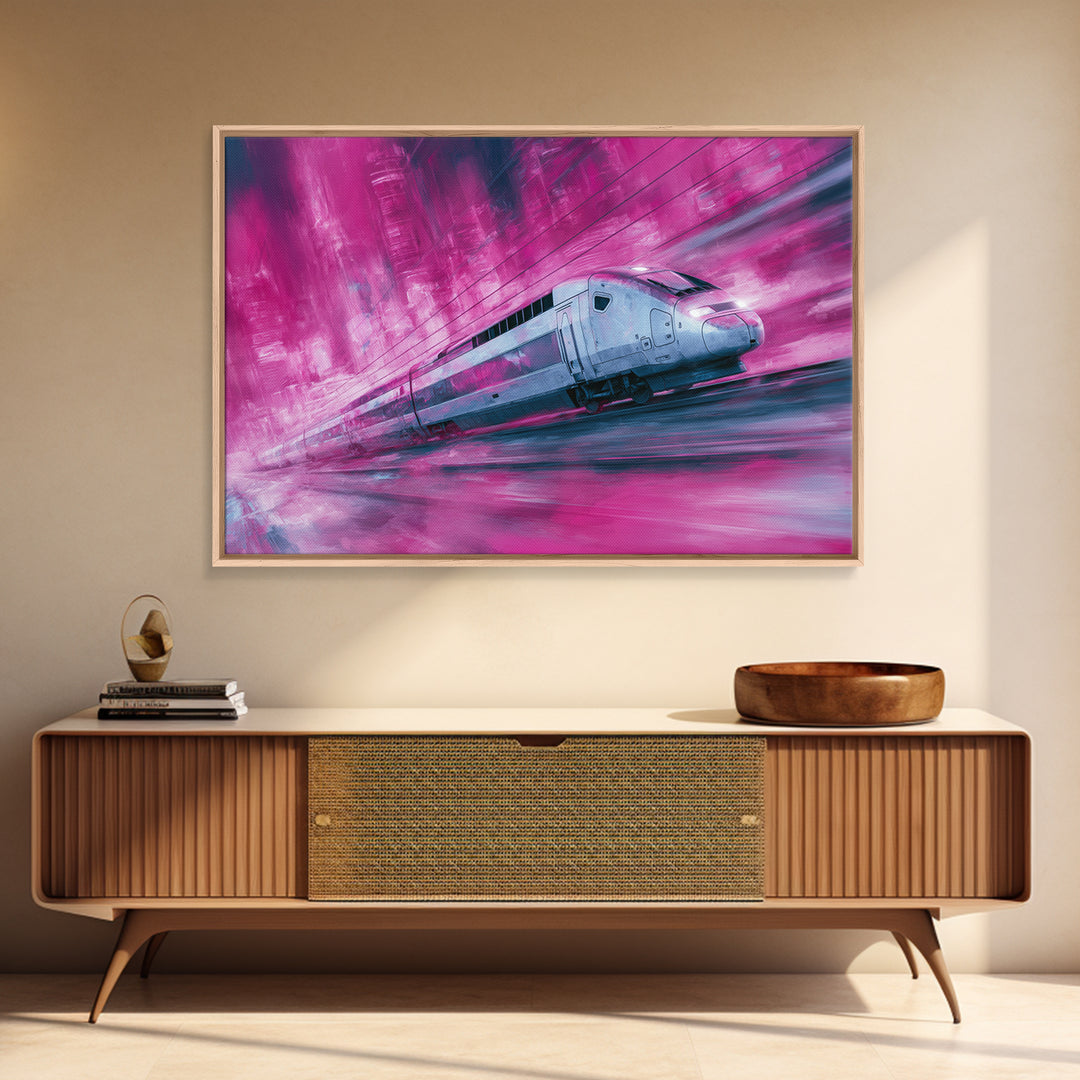 City Train Rushing Through Pink Electric Haze Canvas Print, Cyberpunk Art, Modern Wall Decor, Living Room Decor, Neon, CYB-3x2-65