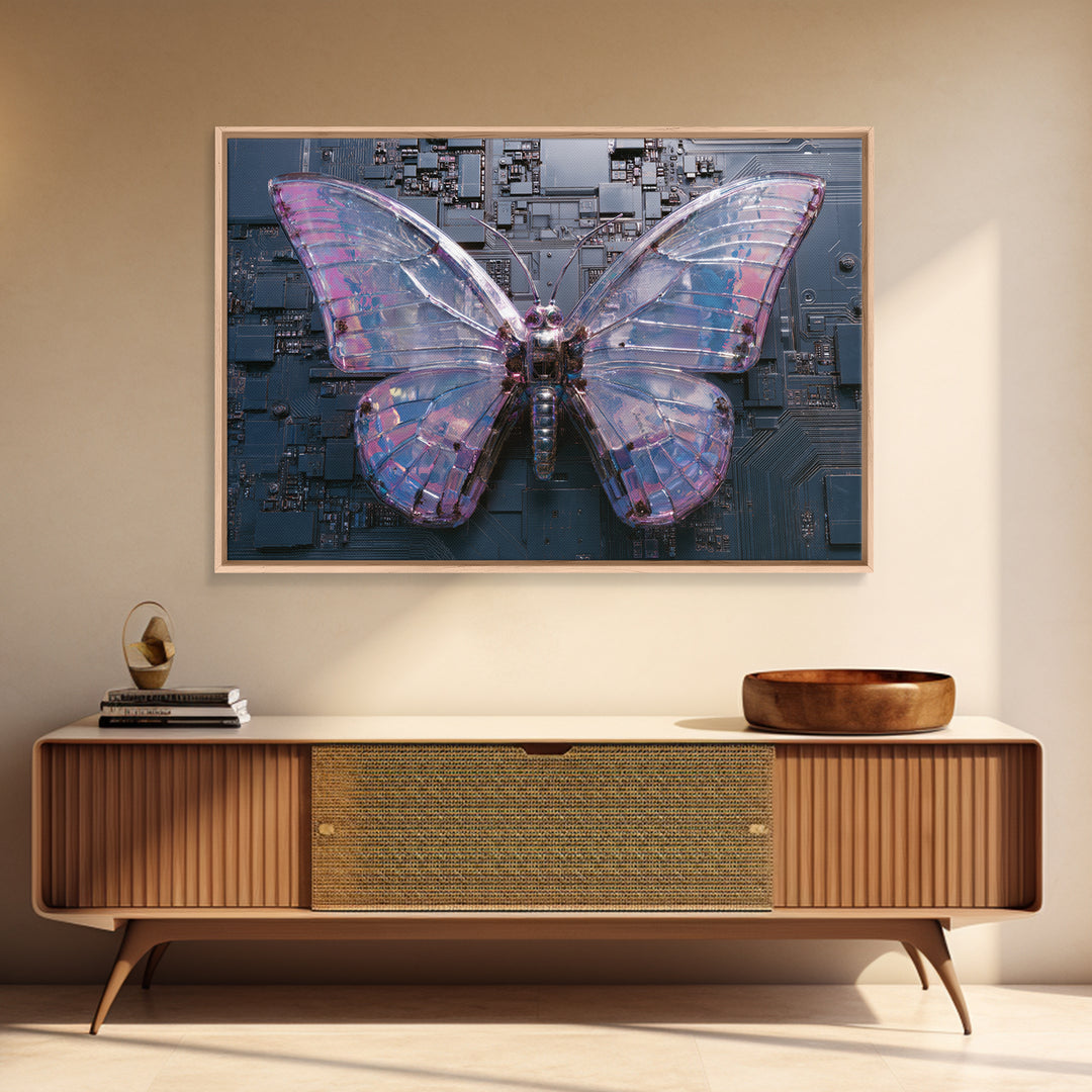 Holographic Butterfly over Black Metal Surface Framed Canvas Print, Cyberpunk Art, Modern Wall Decor, Living Room Decor, Neon, CYB-3x2-71