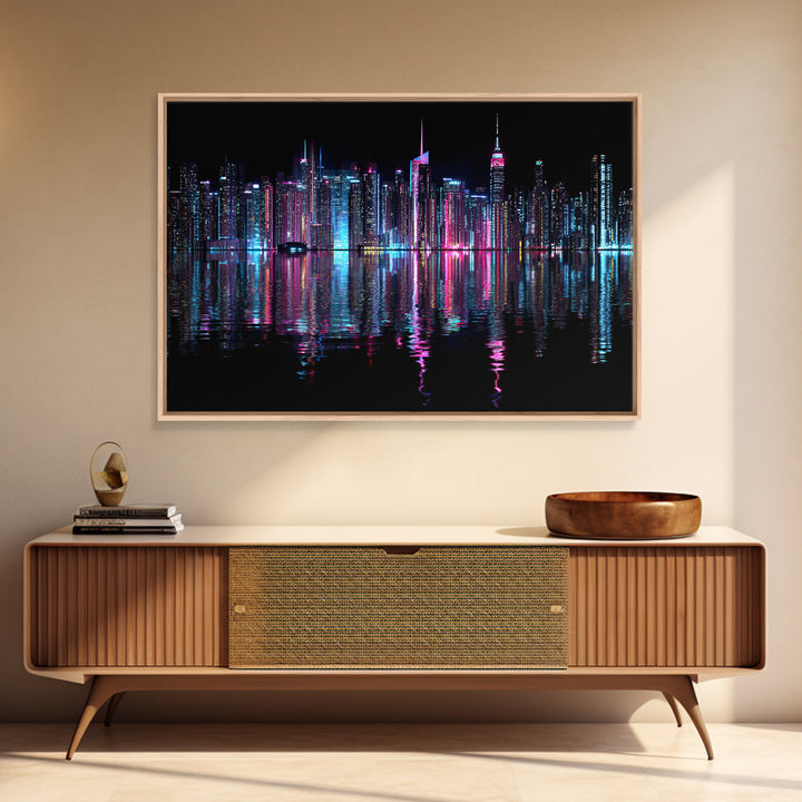 Neon Skyline Reflected Framed Canvas Print, Cyberpunk Art, Man Cave Decor, Living Room Decor, Fine Art, Neon, Fine Art Print, CYB-3x2-74