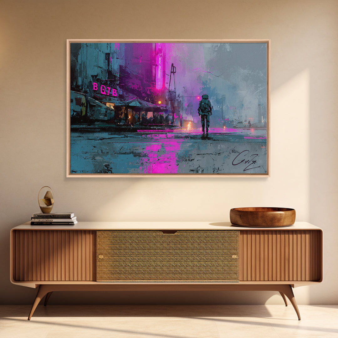 Astronaut Street Wanderer Canvas Print, Cyberpunk Art, Art Print, Living Room Decor, Neon, Blue Wall Art, Cool Wall Art, CYB-3x2-75