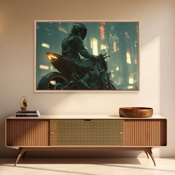 Motorcycle Rider under Holographic Signs Framed Canvas Print, Cyberpunk Art, Home Decor, Living Room Decor, Fine Art, Neon, CYB-3x2-80