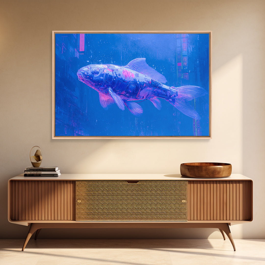 Cyberpunk Koi Swimming Through Electric Blue Water Framed Canvas Print, Cyberpunk Art, Fine Art Print, Living Room Decor, Neon, CYB-3x2-81