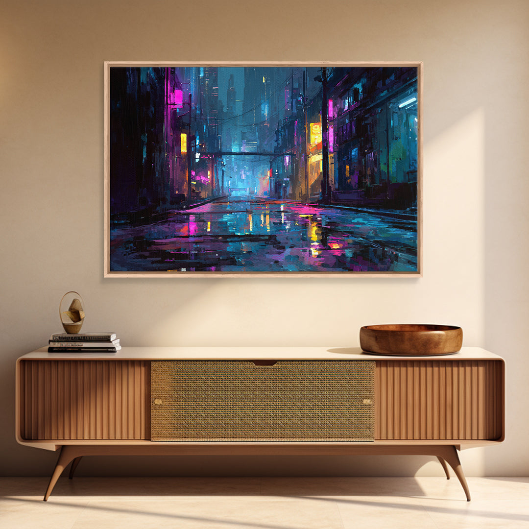Rain Soaked Alley Canvas Print, Cyberpunk Art, Poster, Living Room Decor, Fine Art, Neon, Modern Wall Art, Japanese Art, CYB-3x2-84