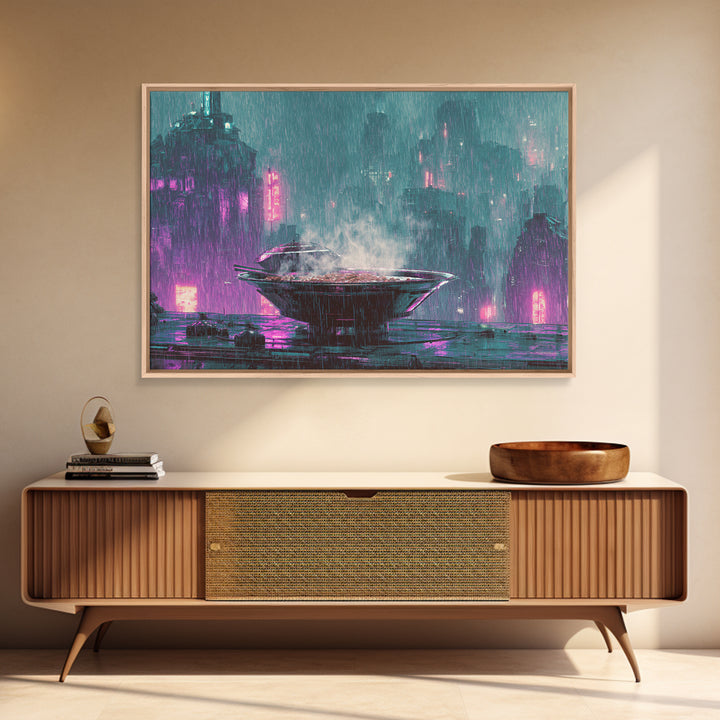 Futuristic Ramen Bowl Canvas Print, Cyberpunk Art, Wall Decor, Living Room Decor, Fine Art, Neon, Japanese Art, Modern Art, CYB-3x2-88
