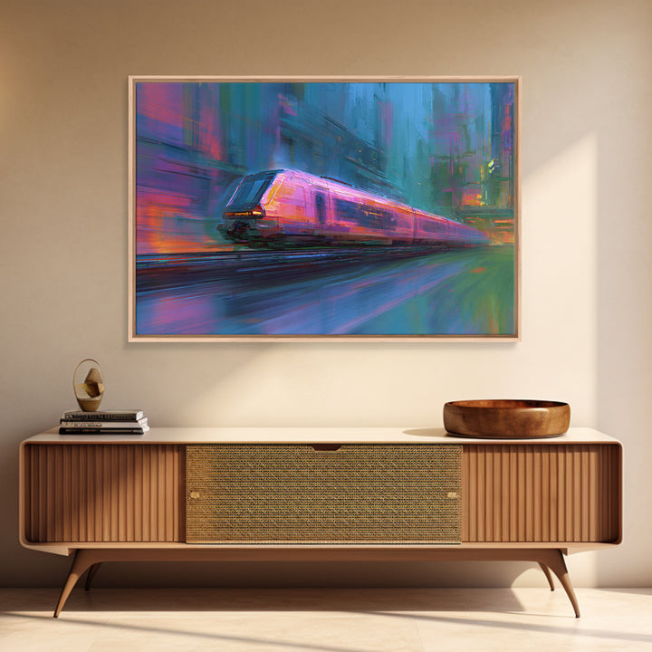 City Train Rushing Through Pink Electric Haze Canvas Print, Cyberpunk Art, Boho Decor, Living Room Decor, Oil Painting, Neon, CYB-3x2-89