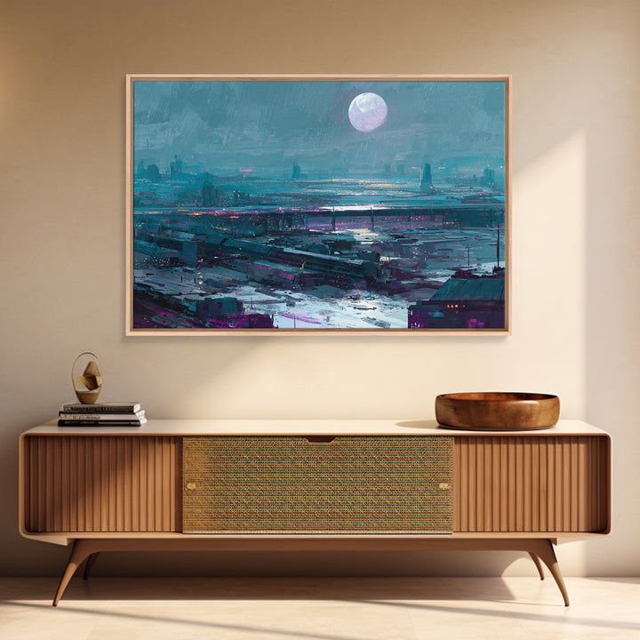 Dystopian Moon over Dense Rooftops Canvas Print, Cyberpunk Art, Cyberpunk Helmet, Living Room Decor, Abstract Art, Neon, CYB-3x2-94