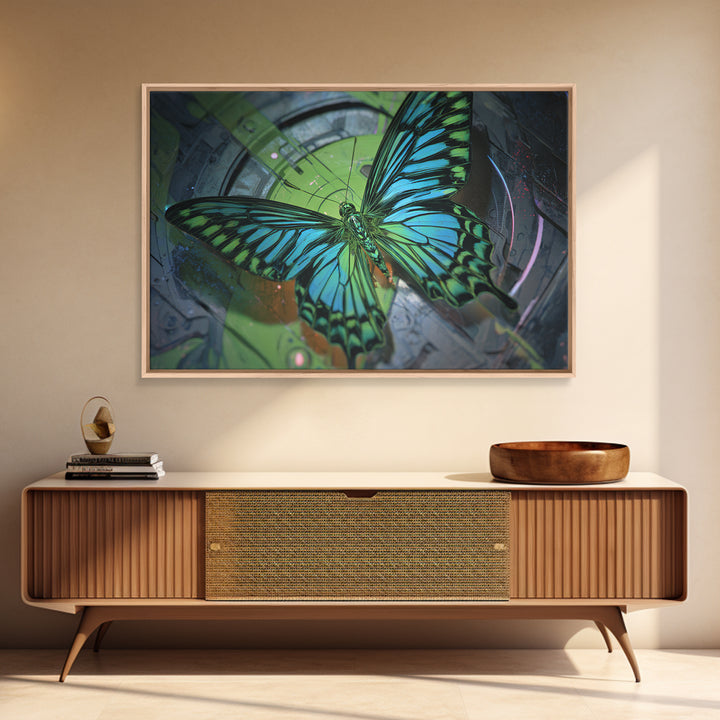 Holographic Butterfly over Black Metal Surface Framed Canvas Print, Cyberpunk Art, Gothic Decor, Living Room Decor, CYB-3x2-95