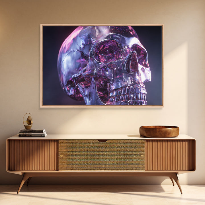 Cyberpunk Skull with Chrome and Violet Light Framed Canvas Print, Cyberpunk Art, Art Print, Living Room Decor, Fine Art, Neon, CYB-3x2-96