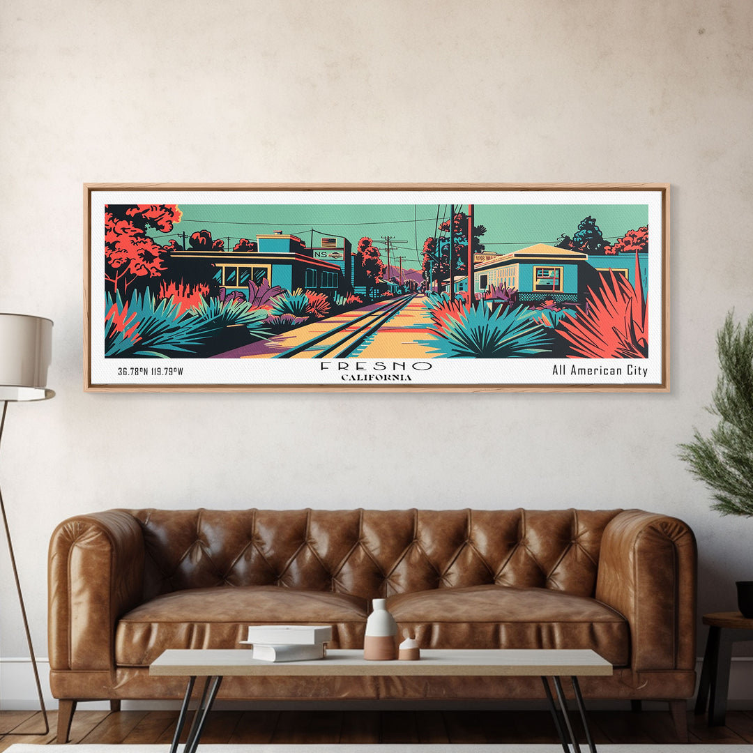 Fresno California Panoramic Framed Canvas Print, Travel Poster, Mid Century Modern Art, Pop Art Style, Wall Art, Home Decor, Living Room Art, Vintage Wall Art