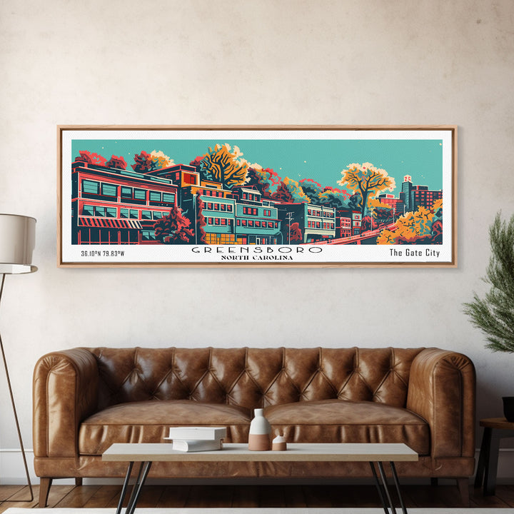 Greensboro North Carolina Travel Poster Framed Canvas Print, Panoramic Mid Century Modern Art, Pop Art Style, Wall Decor, Home Decor, Retro Style Art