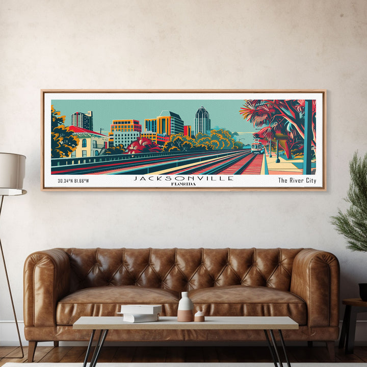 Jacksonville Florida Travel Poster Framed Canvas Print, Panoramic Mid Century Modern Art, Pop Art Style, Wall Art, Home Decor, Wall Hanging, Vintage Wall Art