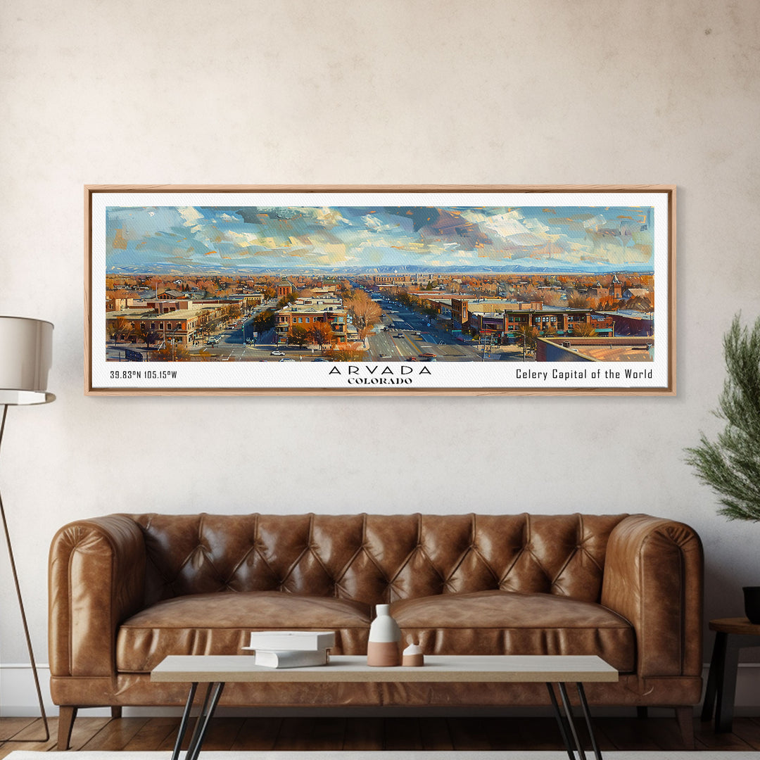 Arvada Colorado Panoramic Painting, Watercolor Framed Canvas Print, Scenic City Art, Travel Poster, Home Decor, Wall Art, Gift Idea
