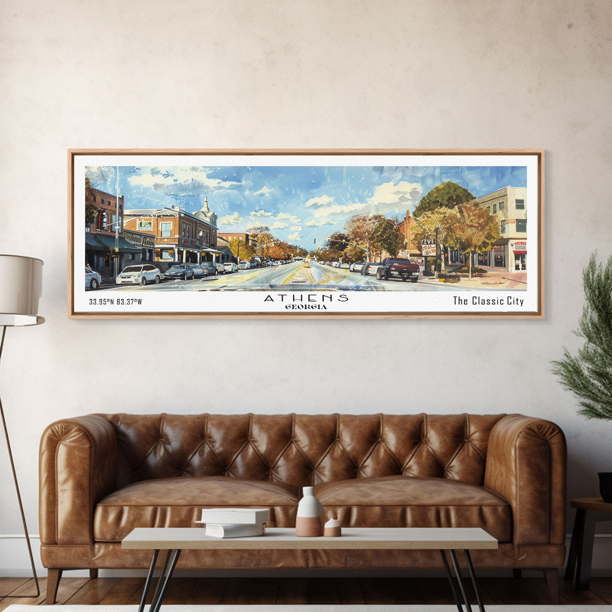 Athens Georgia Panoramic Painting, Watercolor Framed Canvas Print, Scenic City Art, Travel Poster, Home Decor, Wall Hanging, Gift Idea