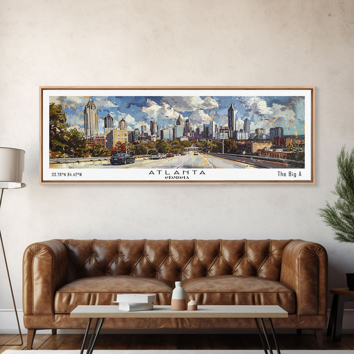 Atlanta Georgia Panoramic Watercolor Painting, Framed Canvas Print, Scenic City Art, Travel Poster, Home Decor, Wall Art, Office Wall Art