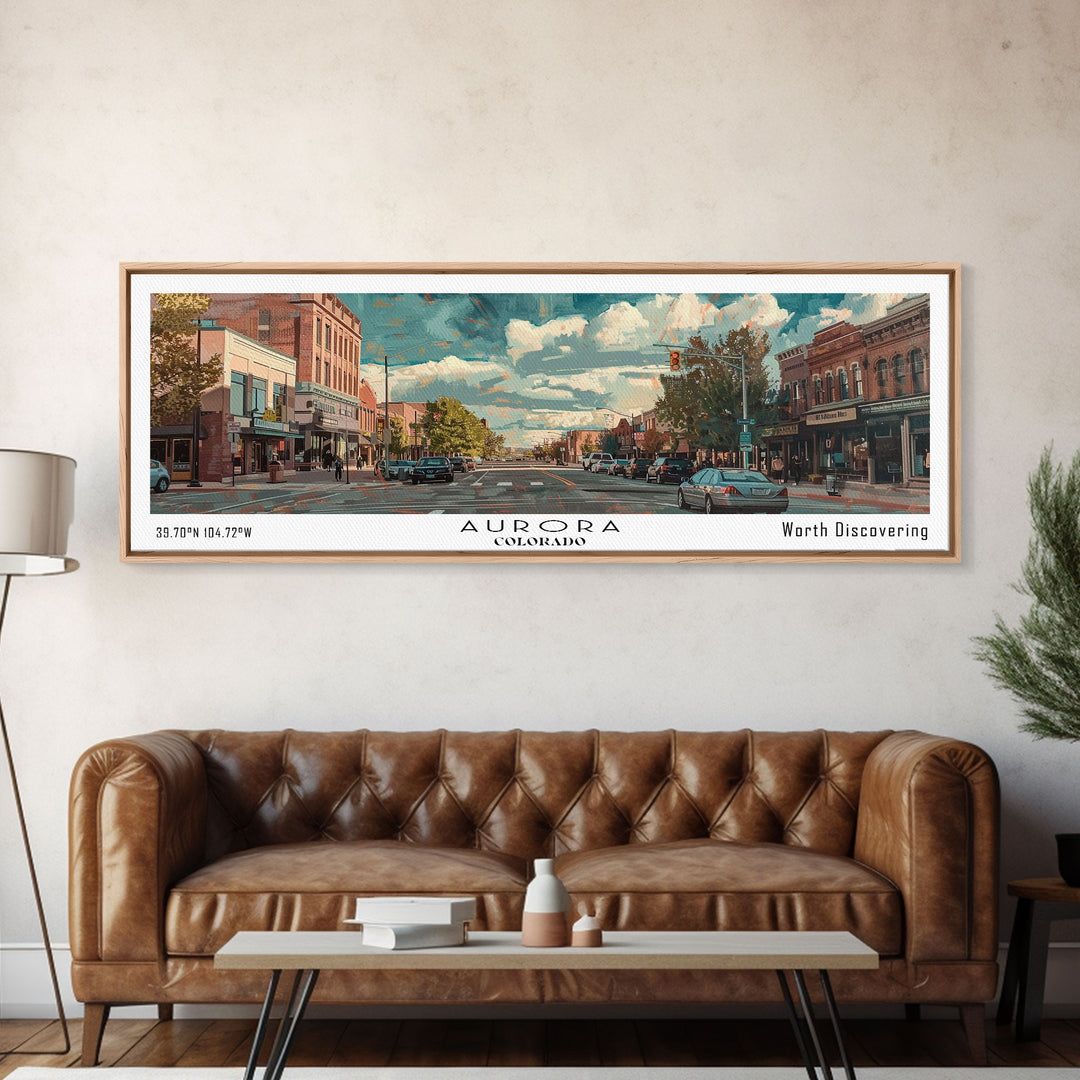 Aurora Colorado Panoramic Painting, Watercolor Framed Canvas Print, Scenic City Art, Travel Poster, Home Decor, Wall Hanging, Office Wall Art
