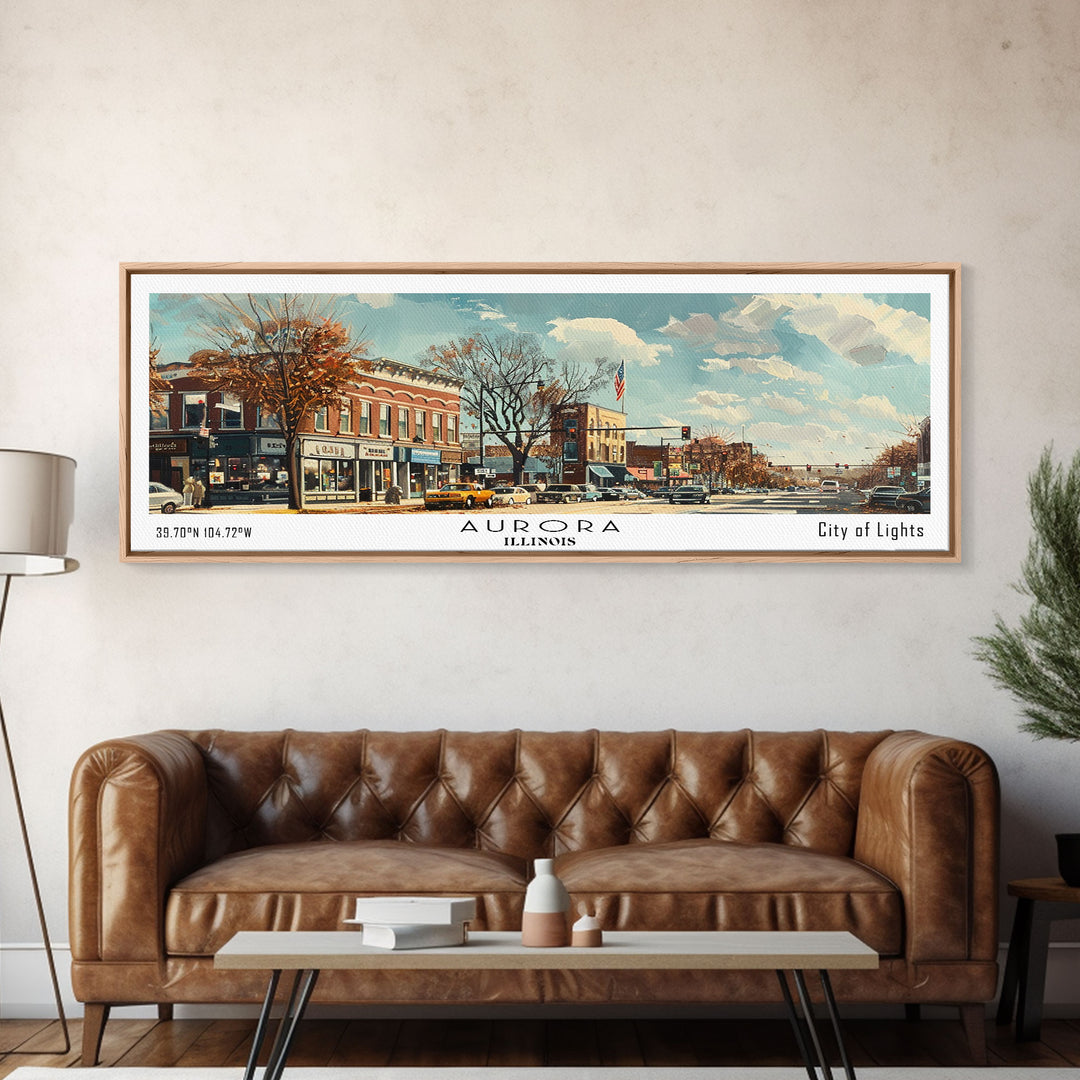 Aurora Illinois Panoramic Painting, Watercolor Framed Canvas Print, Scenic City Art, Travel Poster, Home Decor, Wall Art, Gift Idea