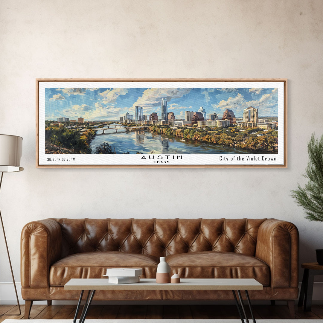 Austin Texas Panoramic Painting, Watercolor Framed Canvas Print, Scenic City Art, Travel Poster, Wall Decor, Living Room Art, Office Wall Art
