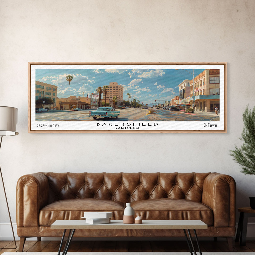 Bakersfield California Panoramic Watercolor Painting, Framed Canvas Print, Scenic City Art, Travel Poster, Wall Decor, Living Room Art, Office Wall Art