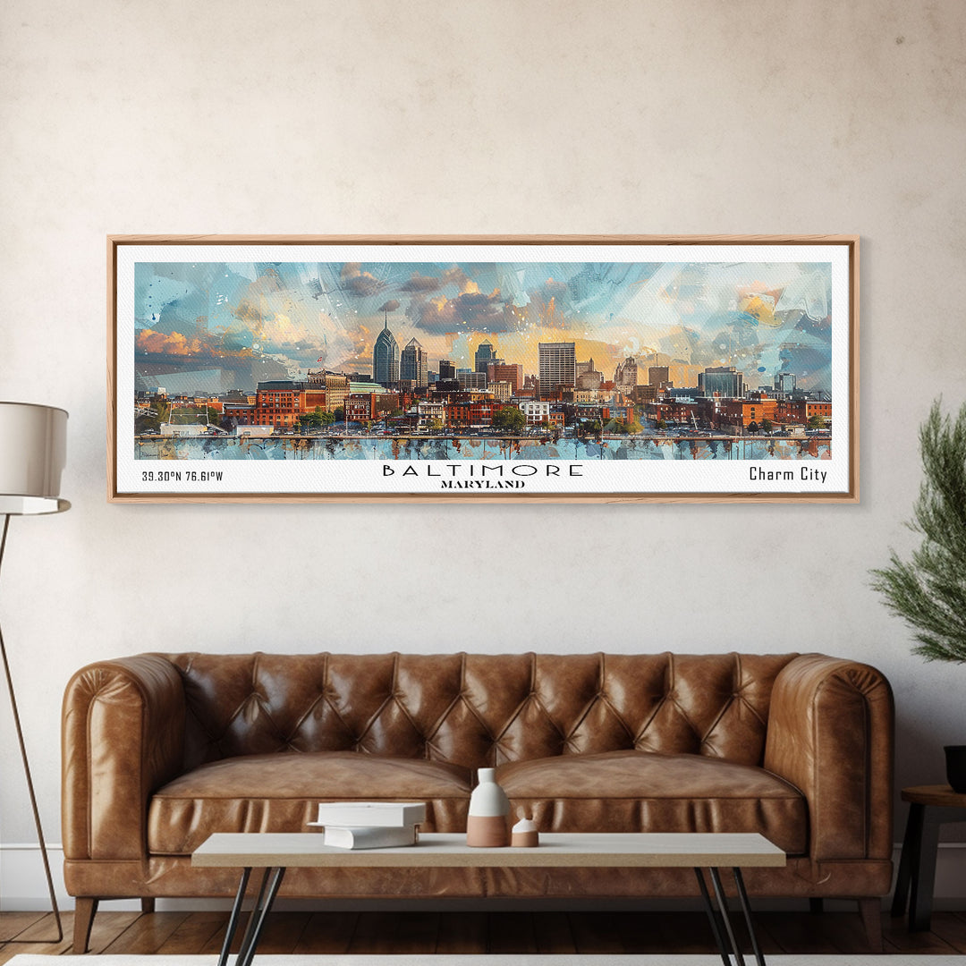 Baltimore Maryland Panoramic Painting, Watercolor Framed Canvas Print, Scenic City Art, Travel Poster, Home Decor, Wall Hanging, Office Wall Art