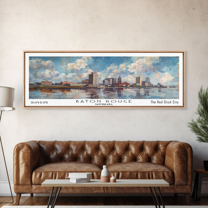 Baton Rouge Louisiana Panoramic Painting, Watercolor Framed Canvas Print, Scenic City Art, Travel Poster, Home Decor, Wall Art, Office Wall Art