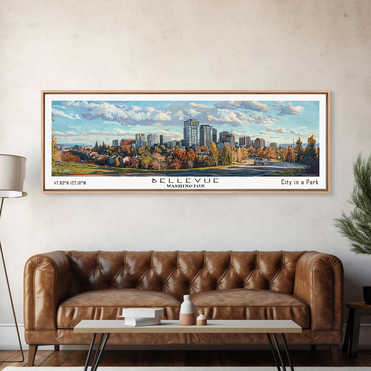 Bellevue Washington Panoramic Painting, Watercolor Framed Canvas Print, Scenic City Art, Travel Poster, Home Decor, Wall Art, Office Wall Art