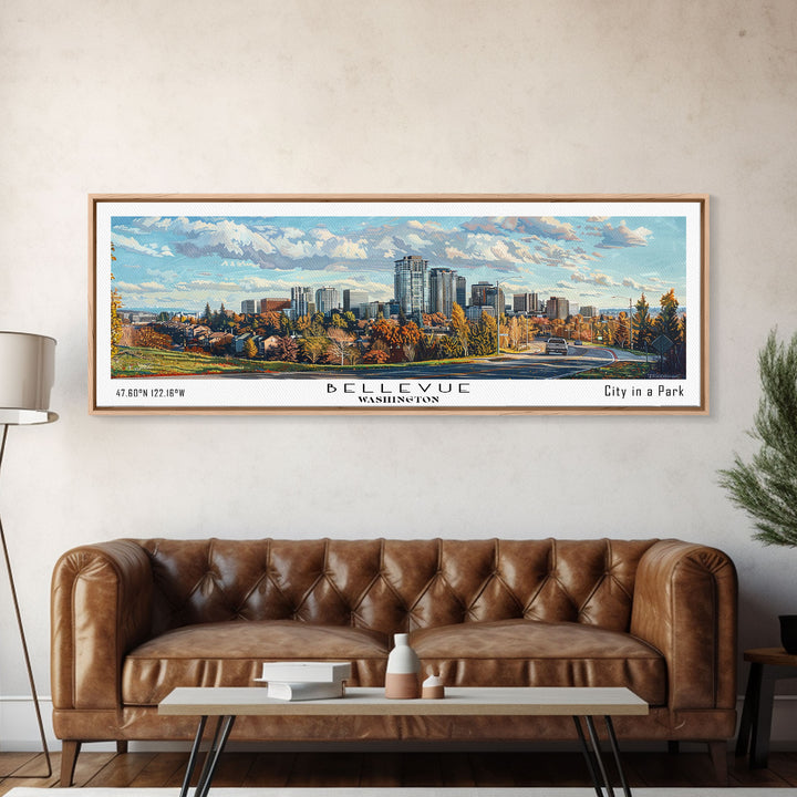 Bellevue Washington Panoramic Painting, Watercolor Framed Canvas Print, Scenic City Art, Travel Poster, Home Decor, Wall Art, Office Wall Art
